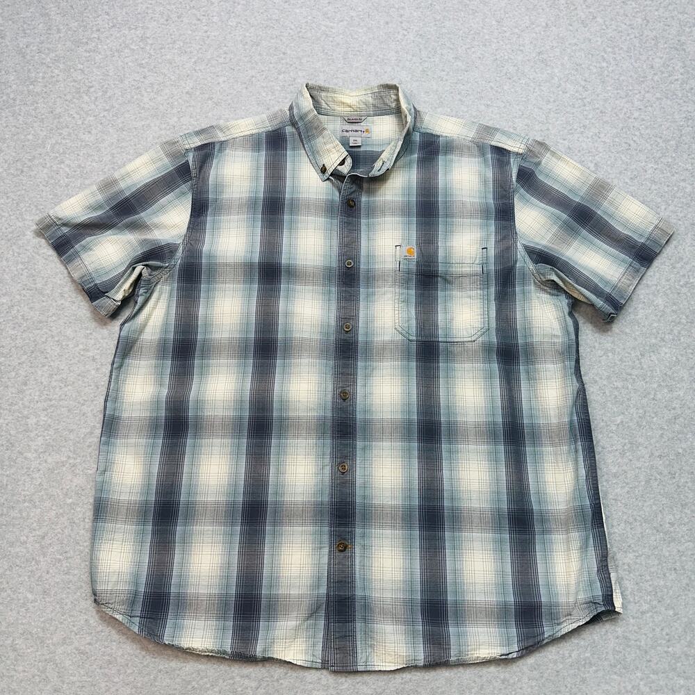 Carhartt Shirt Mens 2XL Relaxed Fit Button Up Blue Cream Plaid Casual Workwear